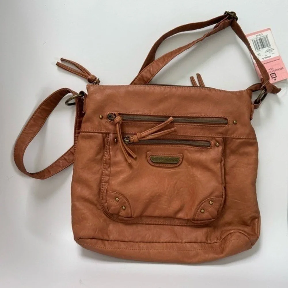Stone Mountain USA Bag NWT Crossbody Bucket Faux Leather Tan Cognac Gorp Work